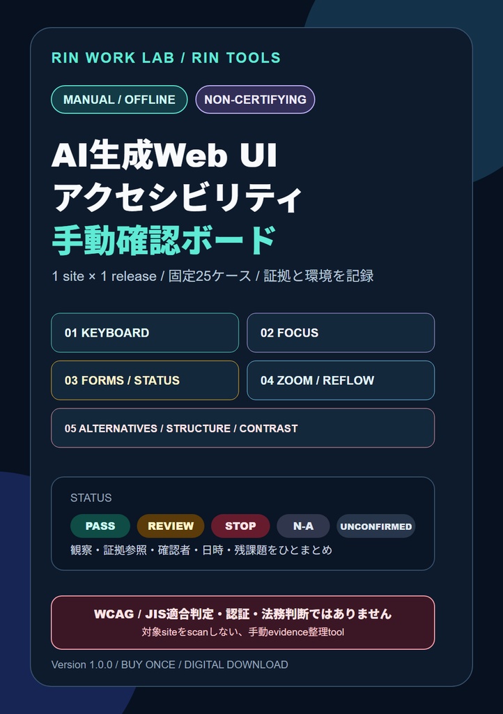 RIN Tools|AI生成Web UI アクセシビリティ手動確認ボード