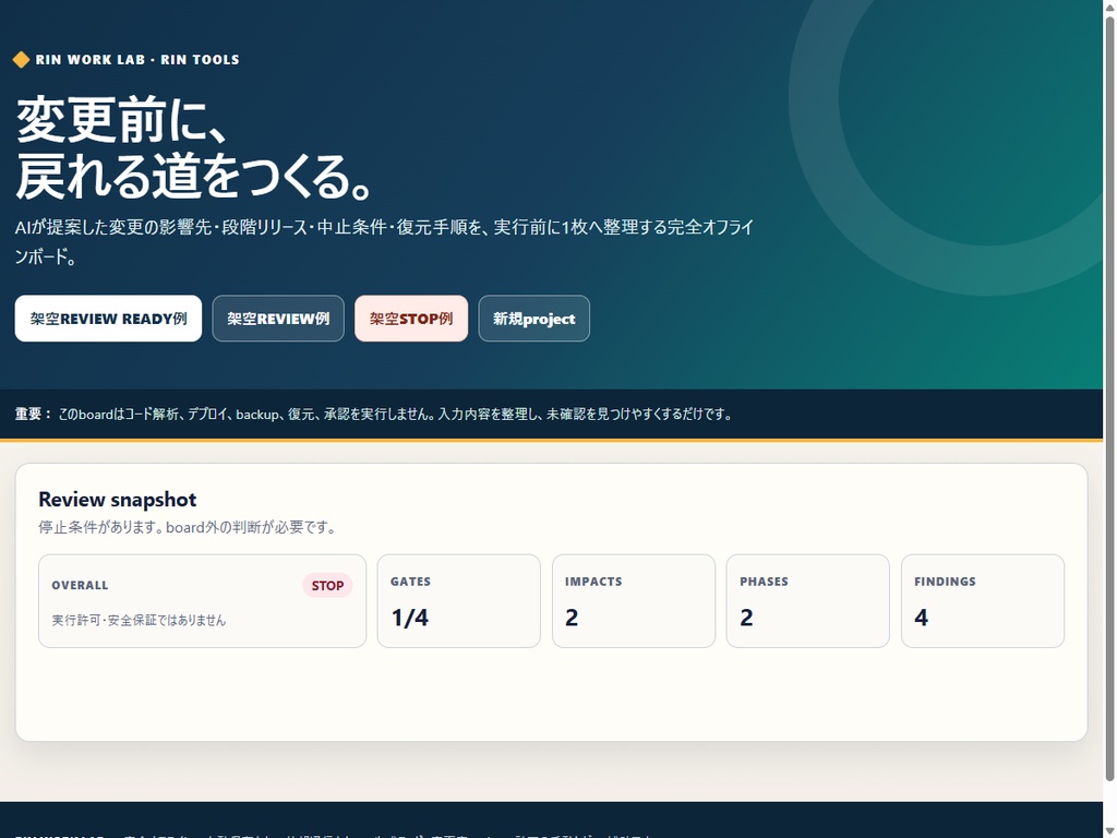 RIN Tools|AI変更の影響範囲・ロールバック設計ボード