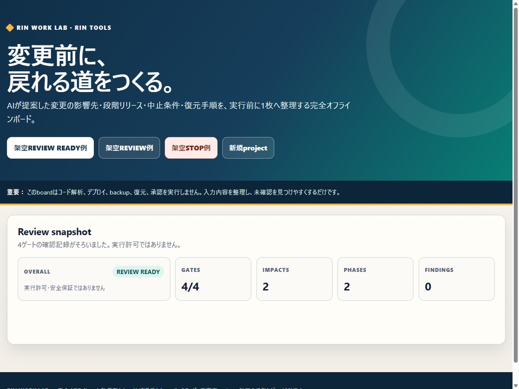 RIN Tools|AI変更の影響範囲・ロールバック設計ボード