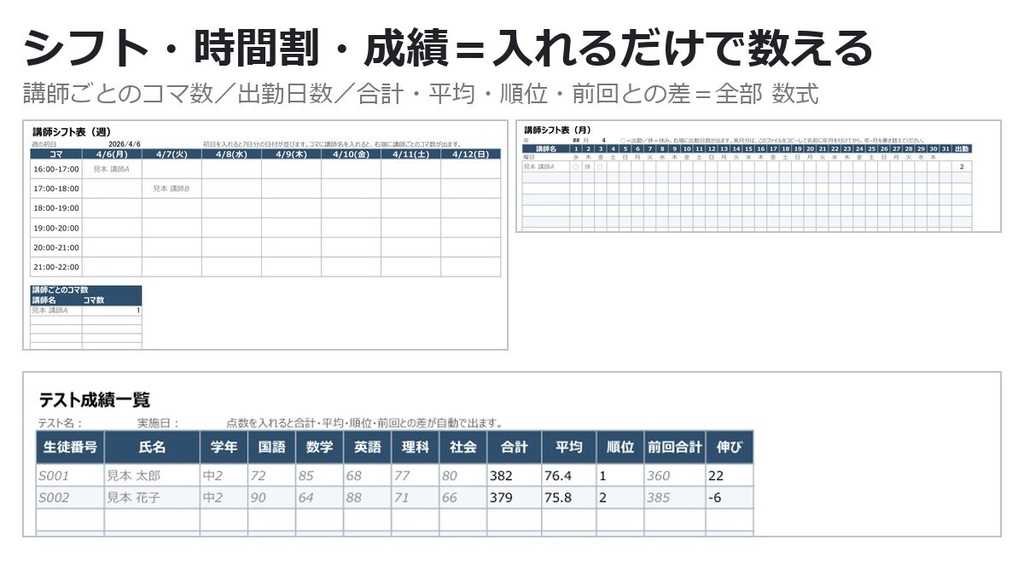 【0円お試し版あり】学習塾 運営書式 45点セット|生徒名簿・出席簿・月謝管理・面談記録・講師シフト・成績一覧・お便り10種|Excel(数式のみ・マクロ不使用)+Word+PDF見本