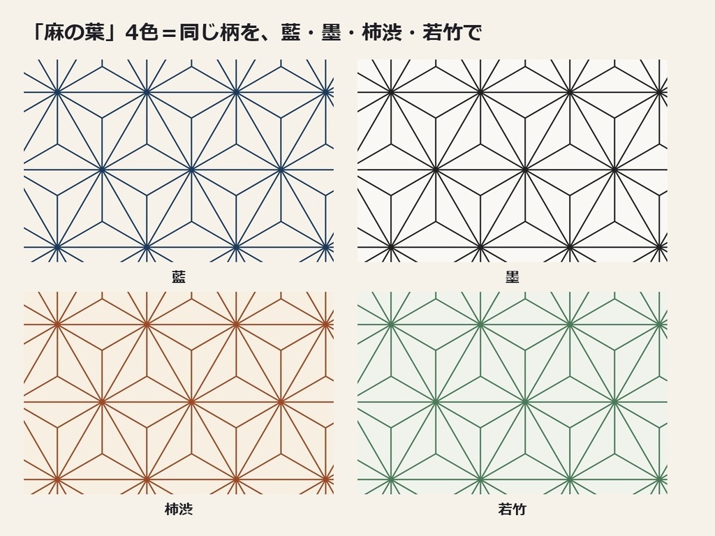 麻の葉 シームレス素材 4色(藍 墨 柿渋 若竹)|継ぎ目なし 透過PNG+JPG 300dpi+SVG|和柄 背景 テクスチャ 商用可