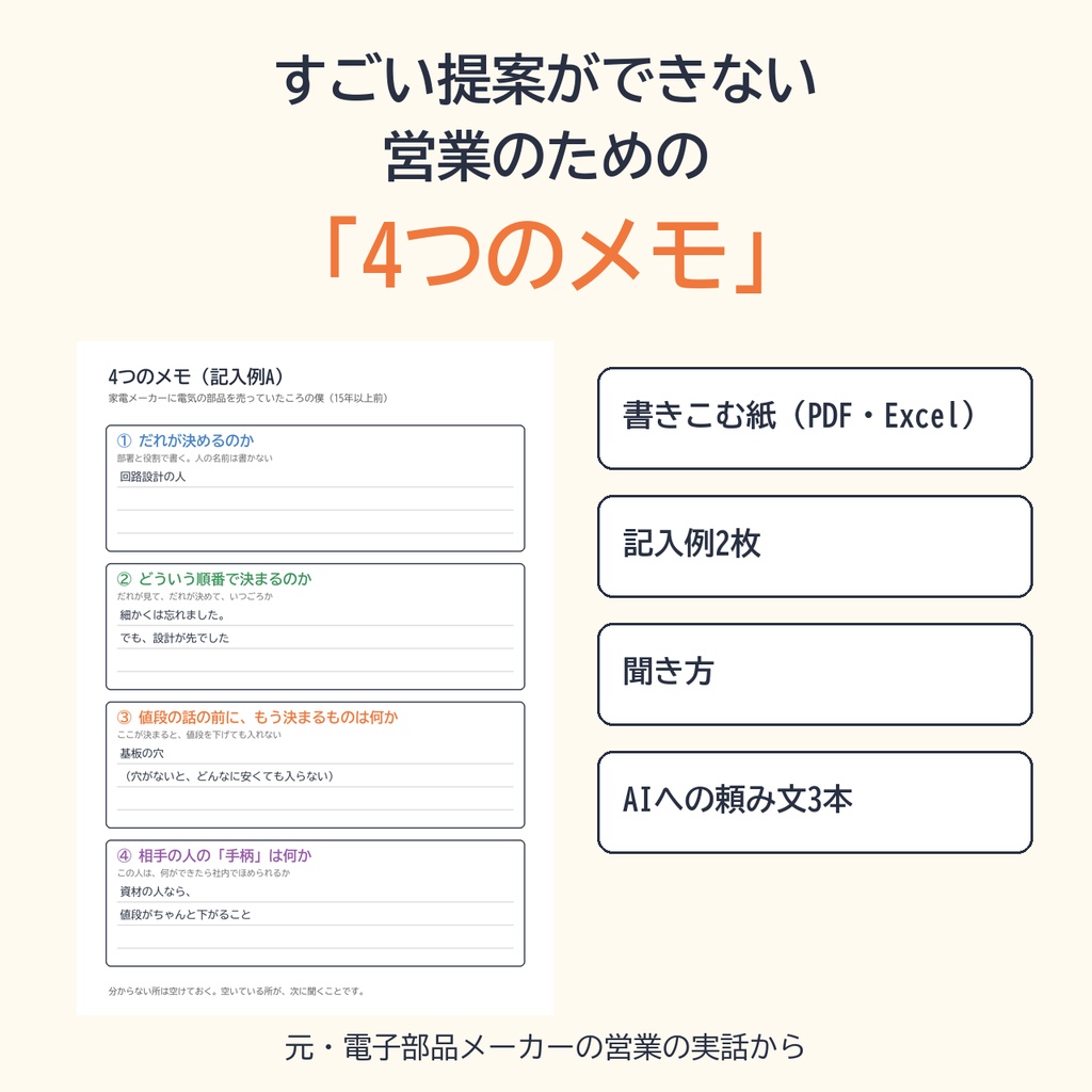 すごい提案ができない営業のための「4つのメモ」｜書きこむ紙（PDF・Excel）＋記入例＋聞き方＋AIへの頼み文