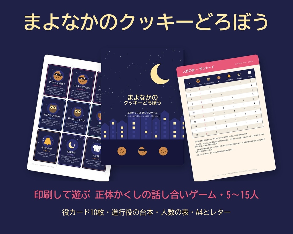 まよなかのクッキーどろぼう｜正体かくしの話し合いゲーム（印刷して遊べる・5〜15人＋進行役）