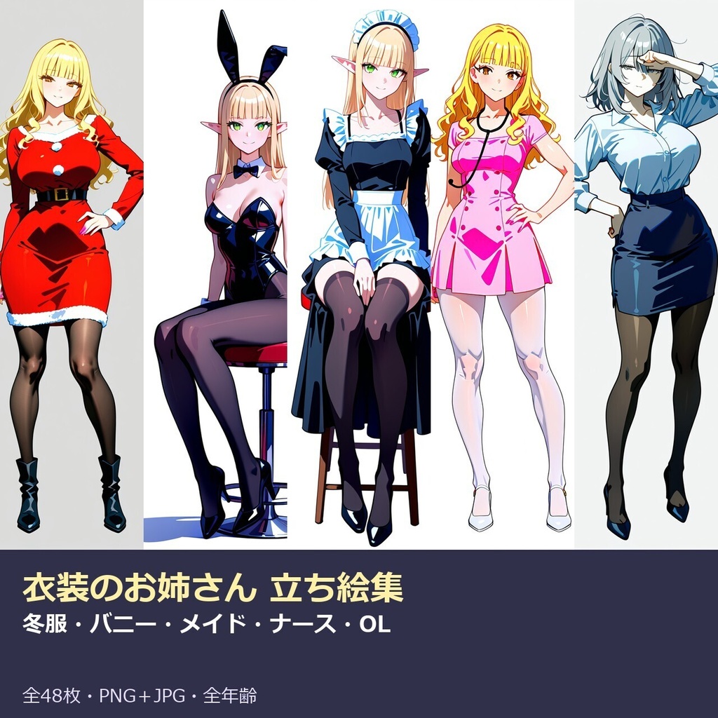 衣装のお姉さん 立ち絵集 48枚｜冬服・バニー・メイド・ナース・OL【AI生成・白背景・PNG＋JPG】