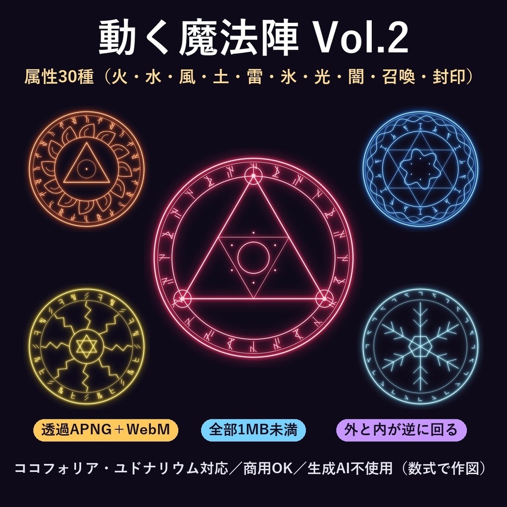 【ココフォリア・ユドナリウム】動く魔法陣Vol.2 属性30種｜透過APNG＋WebM・商用OK