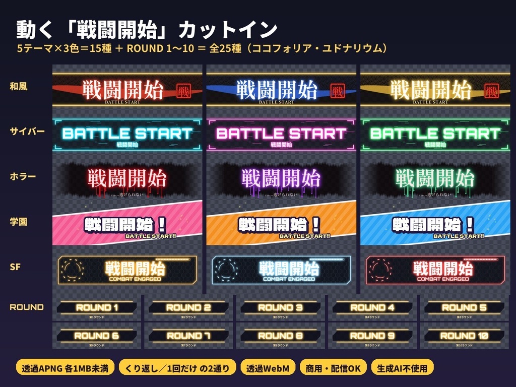 【ココフォリア】動く「戦闘開始」カットイン15種＋ROUND表示10｜和風・サイバー・ホラー・学園・SF