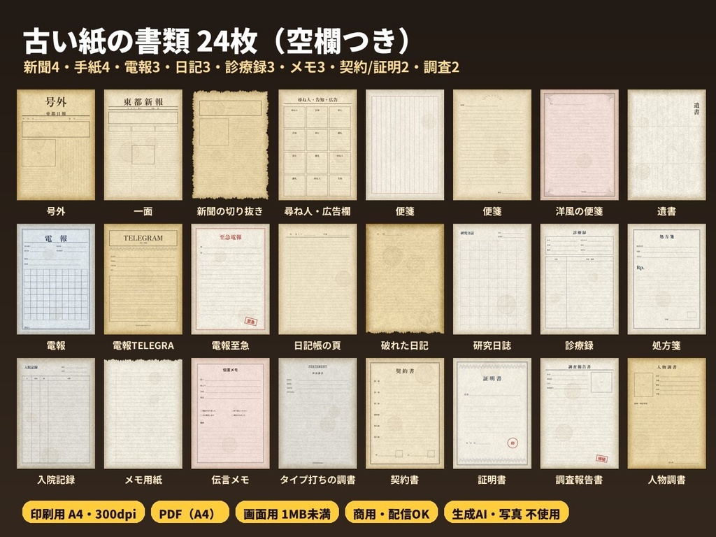【ハンドアウト素材】古い紙の書類24枚｜新聞・手紙・電報・日記・診療録・メモ（空欄つき・A4印刷とココフォリア用）