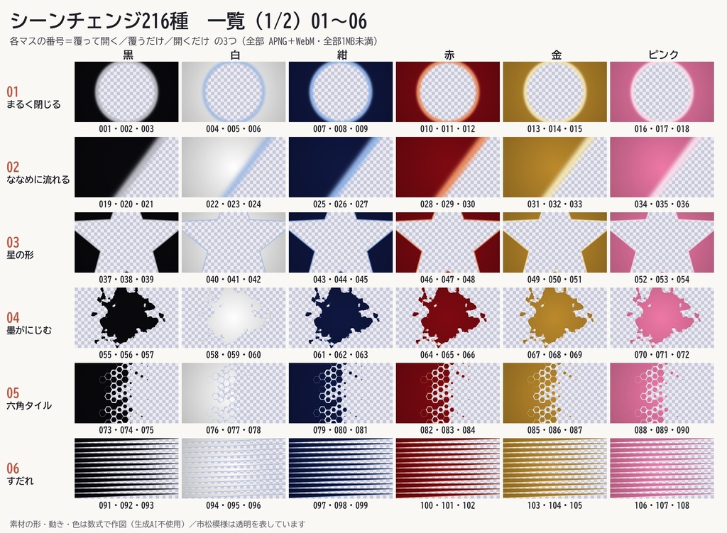 場面を替える瞬間に|シーンチェンジ(場面転換)216種【ココフォリア】透過APNG(全部1MB未満)+WebM+MP4 配信・動画OK/シナリオ同梱OK
