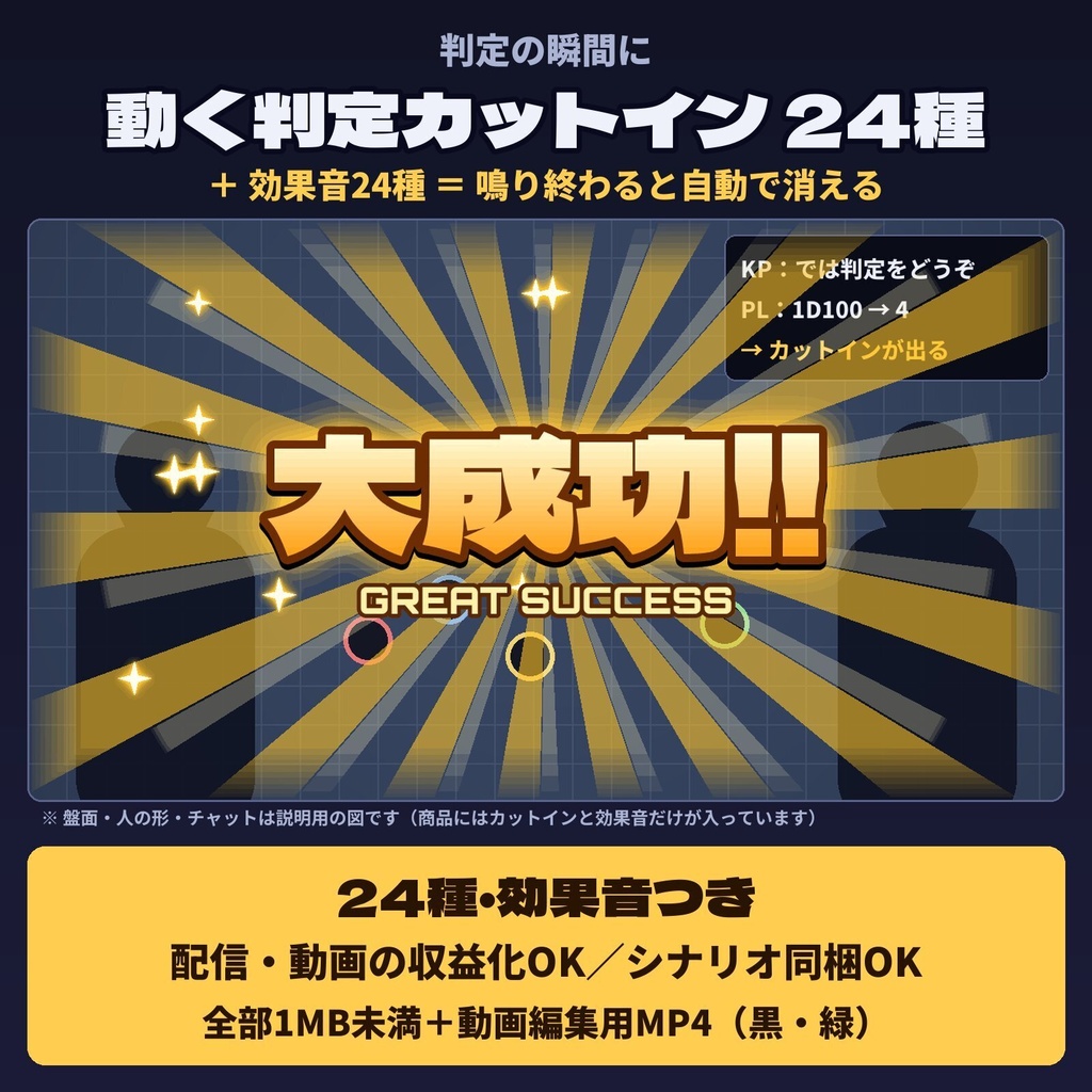 判定の瞬間に｜動く判定カットイン24種＋効果音【ココフォリア】大成功・大失敗・正気度 配信・動画OK／シナリオ同梱OK