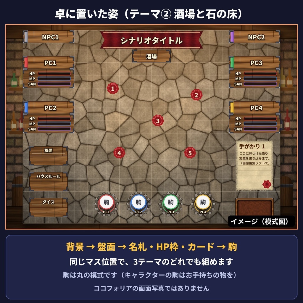 置くだけ部屋の型|ココフォリア 3テーマ 背景・盤面・名札・HP枠|0円版あり
