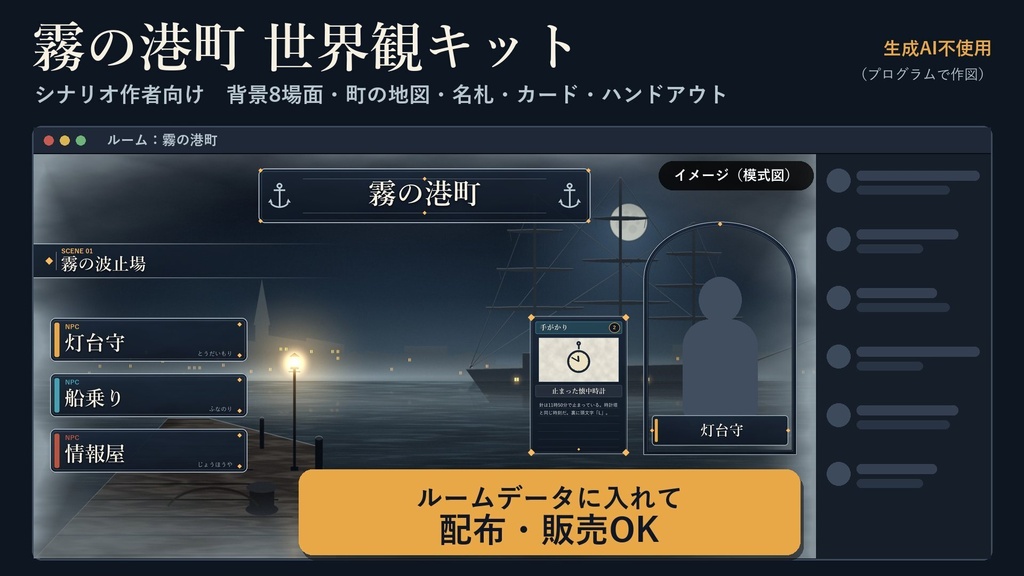 霧の港町 世界観キット｜シナリオ・ルームデータに同梱OK｜TRPG背景8場面・地図・名札・ハンドアウト｜0円お試し版あり