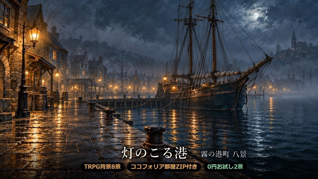 【TRPG背景8景・ココフォリア部屋ZIP付】灯のこる港｜霧の港町・波止場・灯台・運河｜無料2景／商用同梱OK