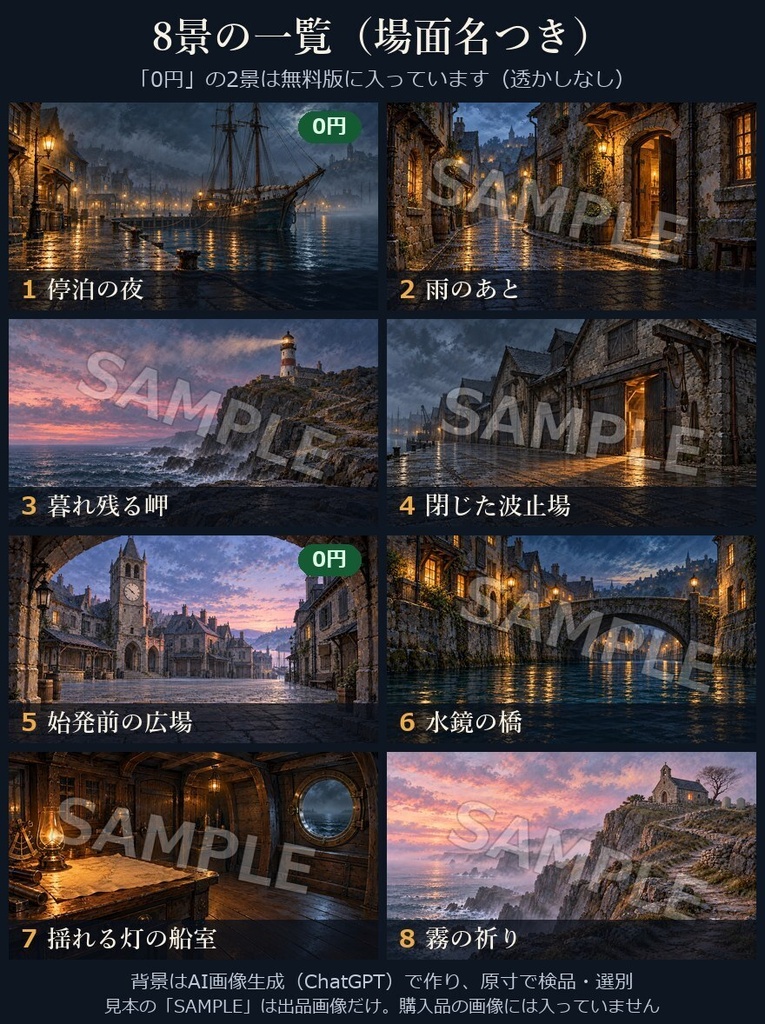 【TRPG背景8景・ココフォリア部屋ZIP付】灯のこる港|霧の港町・波止場・灯台・運河|無料2景/商用同梱OK