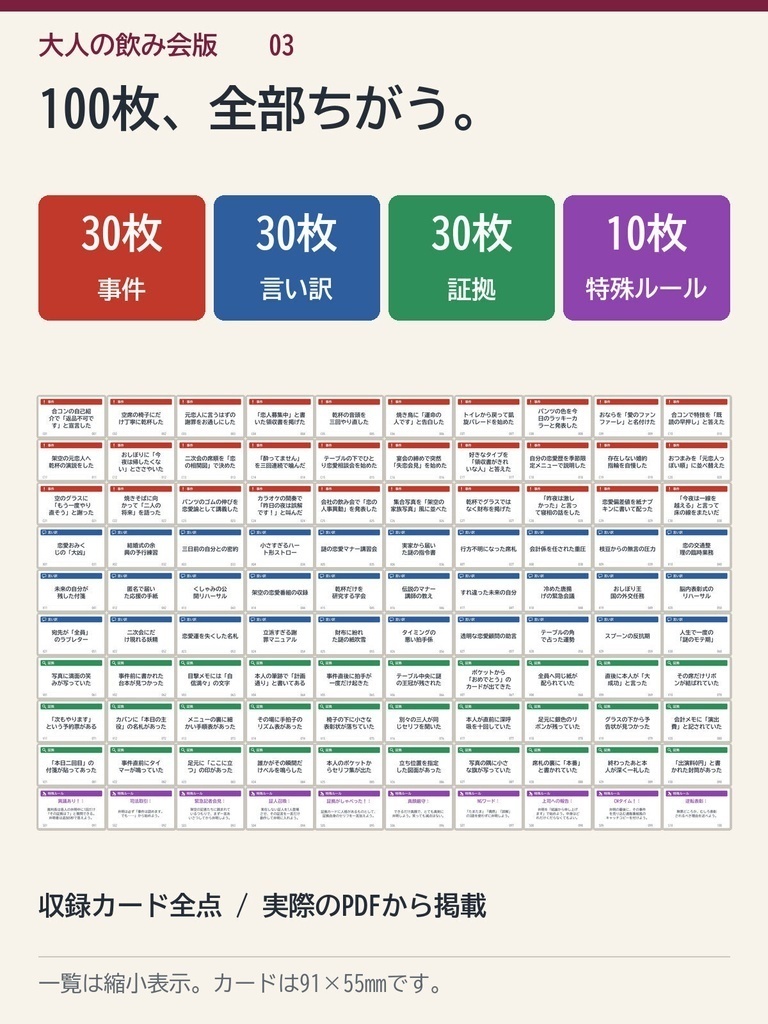 【大人の飲み会向け】言い訳裁判!100枚|合コン・元恋人・おなら級の珍事件|印刷して遊ぶカードゲームPDF+スマホ版