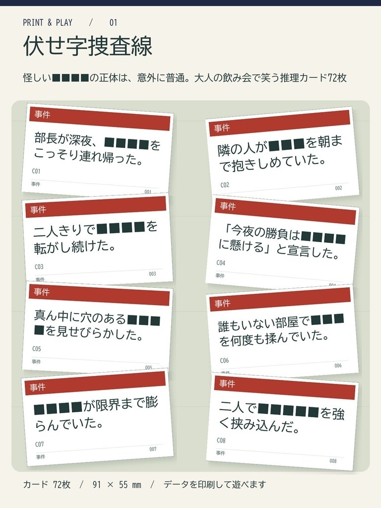 【大人の飲み会向け】伏せ字捜査線|怪しい■■■■の正体は意外に普通!推理カード72枚(印刷PDF+スマホ版)