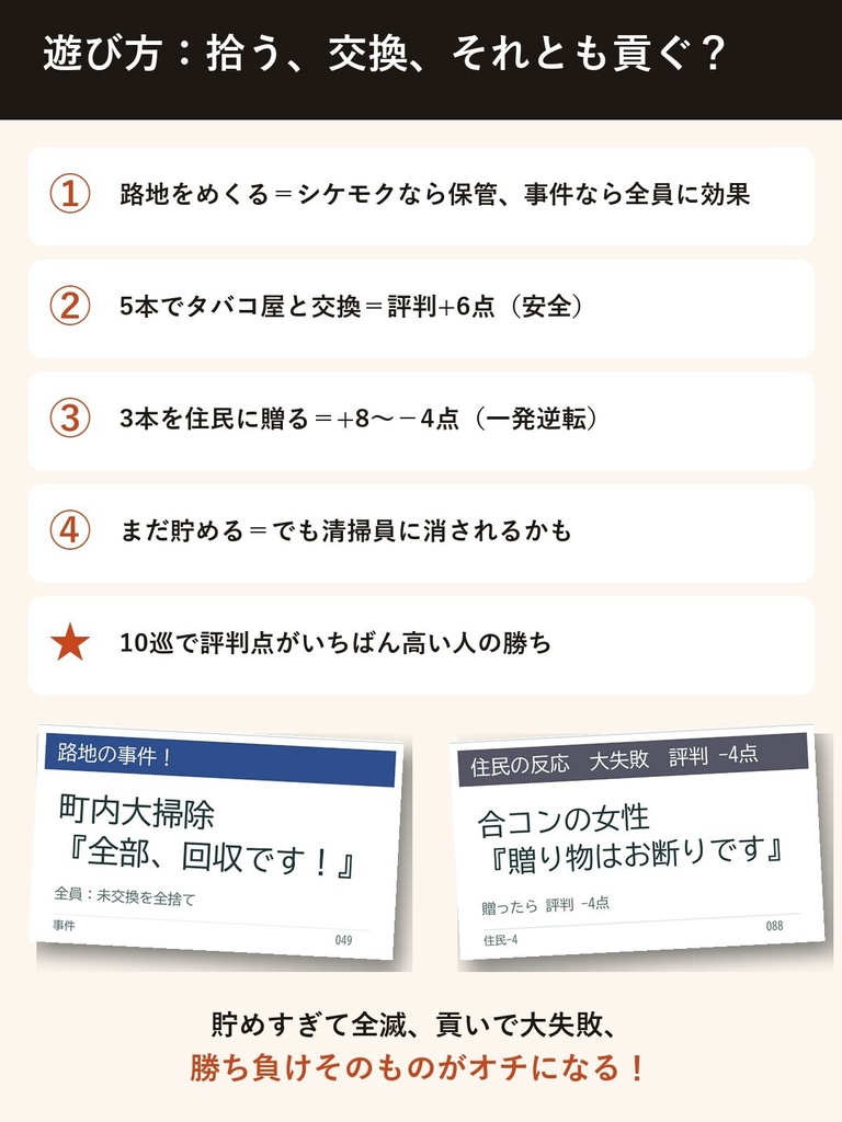 シケモク大暴落!|拾った吸い殻で人生逆転?清掃員に全財産を奪われるおバカカードゲーム116枚【印刷PDF+スマホ版】