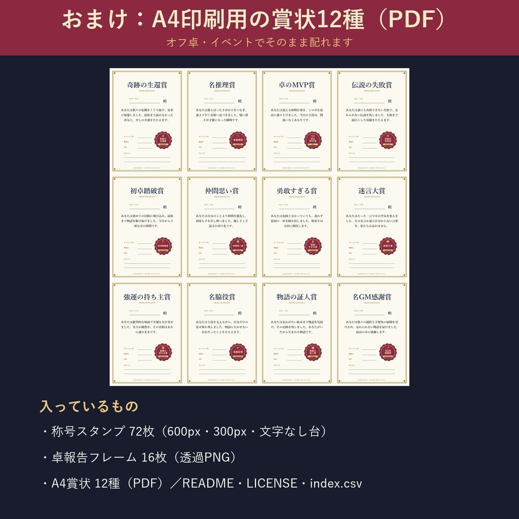 【TRPG素材】称号スタンプ72枚&卓報告フレーム16枚|透過PNG・ココフォリア・X用・賞状つき