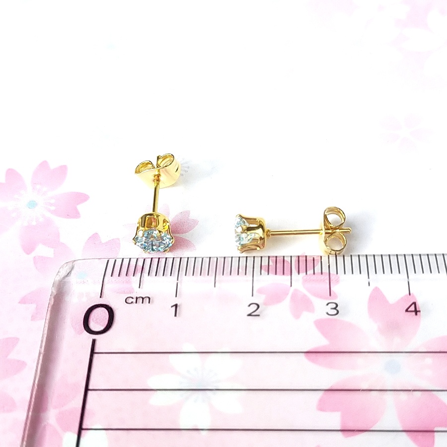 美麗 ゴールドカラー サージカルステンレス グリーンブルー モアサナイト ピアス(5mm