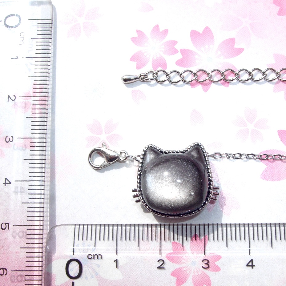 天然石 シルバーシャインオブシディアン ブラックキャットネックレス