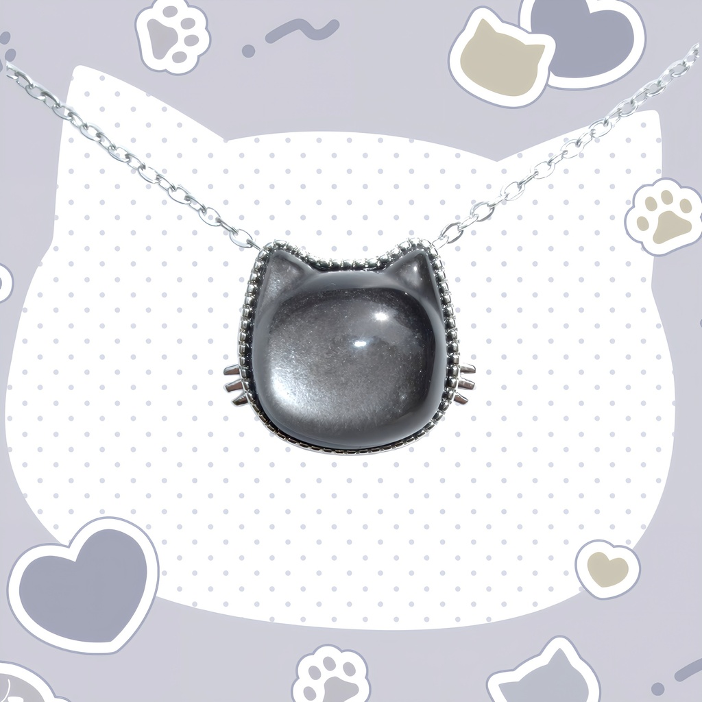 天然石 シルバーシャインオブシディアン ブラックキャットネックレス