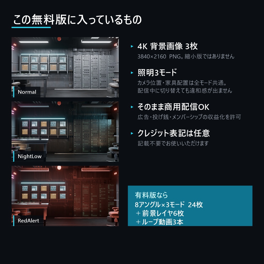 【無料配布】サイバー作戦室 4K配信背景 3枚/照明3モード切替【VTuber・OBS・商用配信OK】