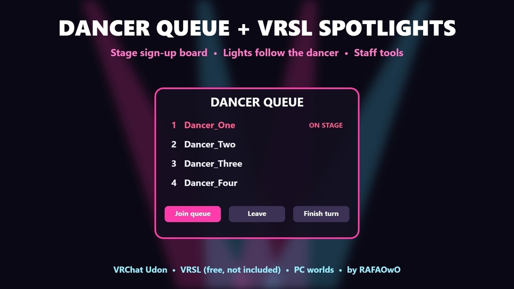 Dancer Queue + VRSL Auto Spotlights【VRChat Udon / PC】ダンサー受付ボード