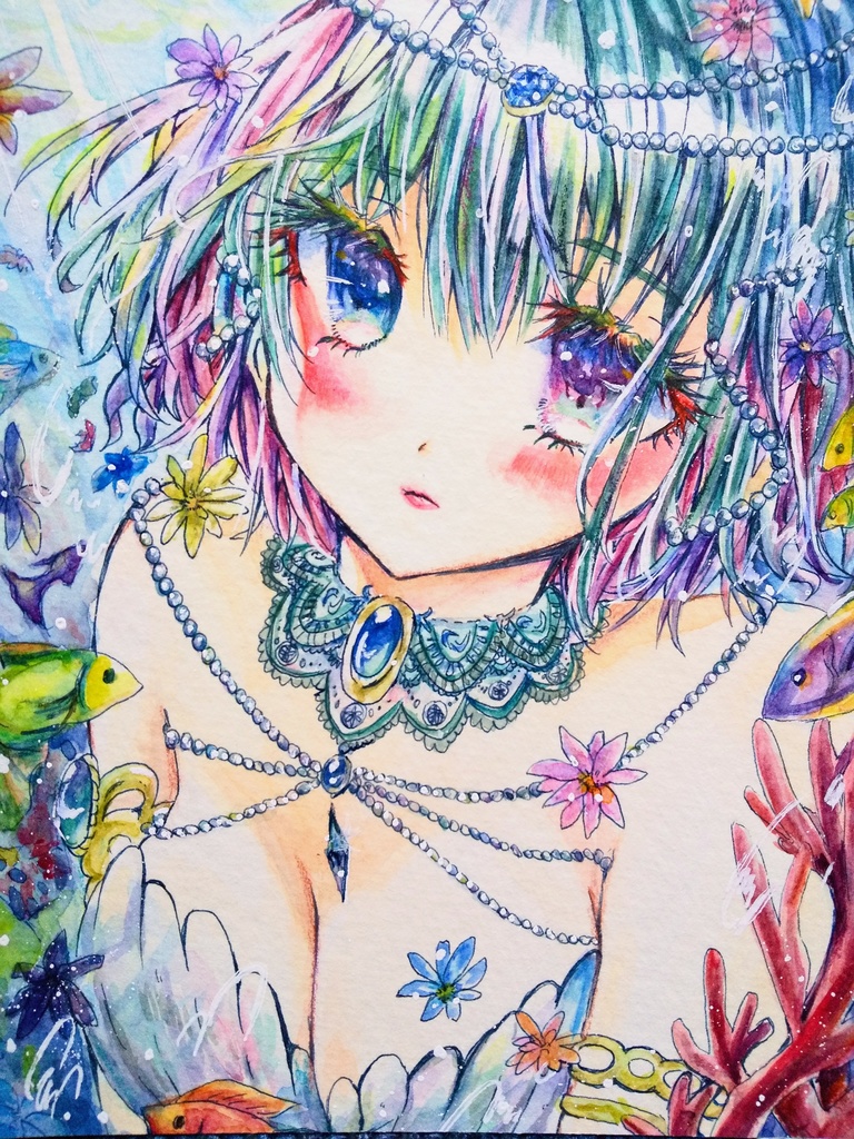 A6フレームレス原画 オッドアイのマーメイド