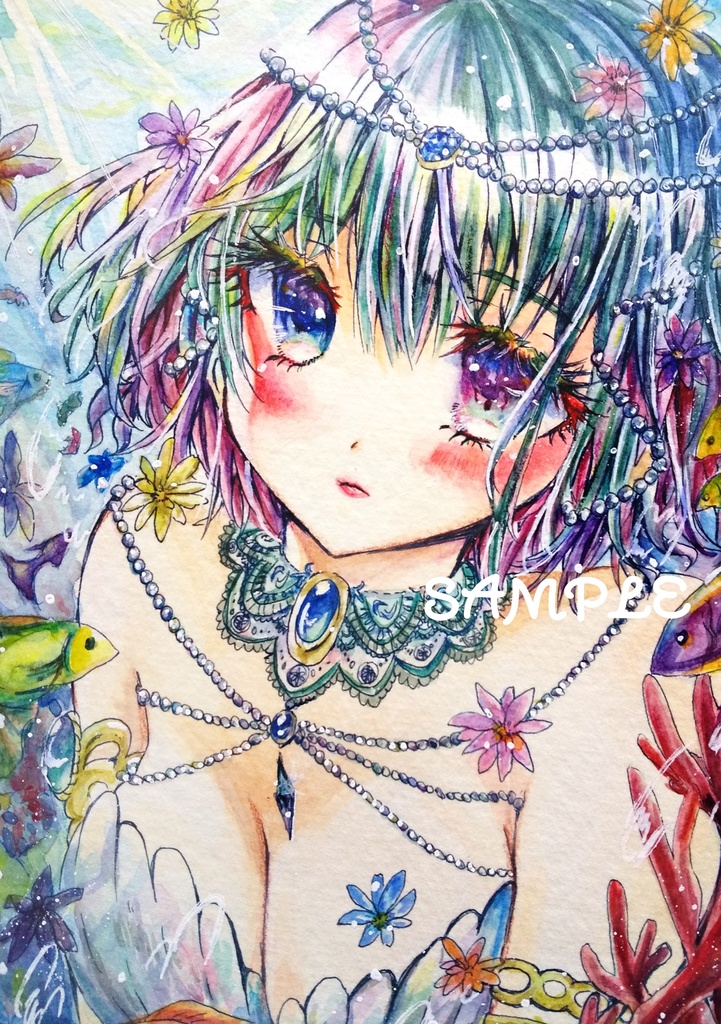A6フレームレス原画 オッドアイのマーメイド