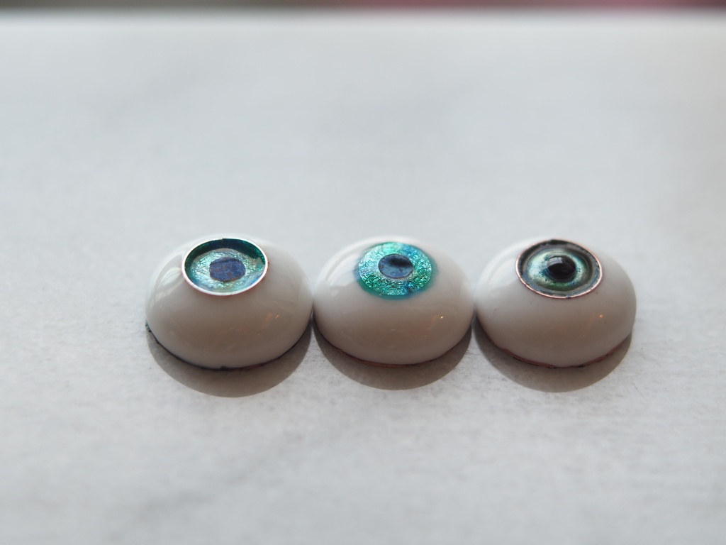 【3タイプ】15.5mm/8.5mm ブルー×ブルーグリーン系 ジェム&水彩&カッパー 七宝グラスアイ 七宝焼きドールアイ