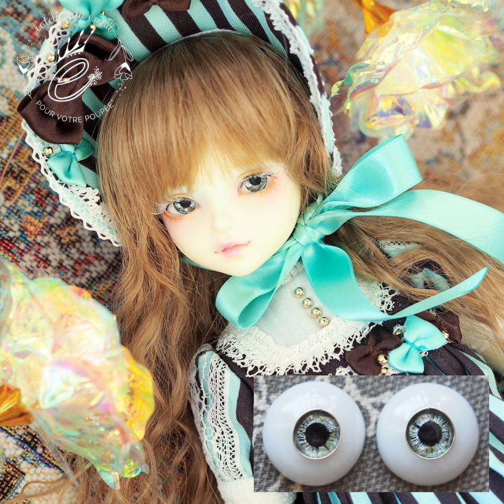 16mm/8mm グレー系 虹彩線ありジェムタイプ 七宝グラスアイ