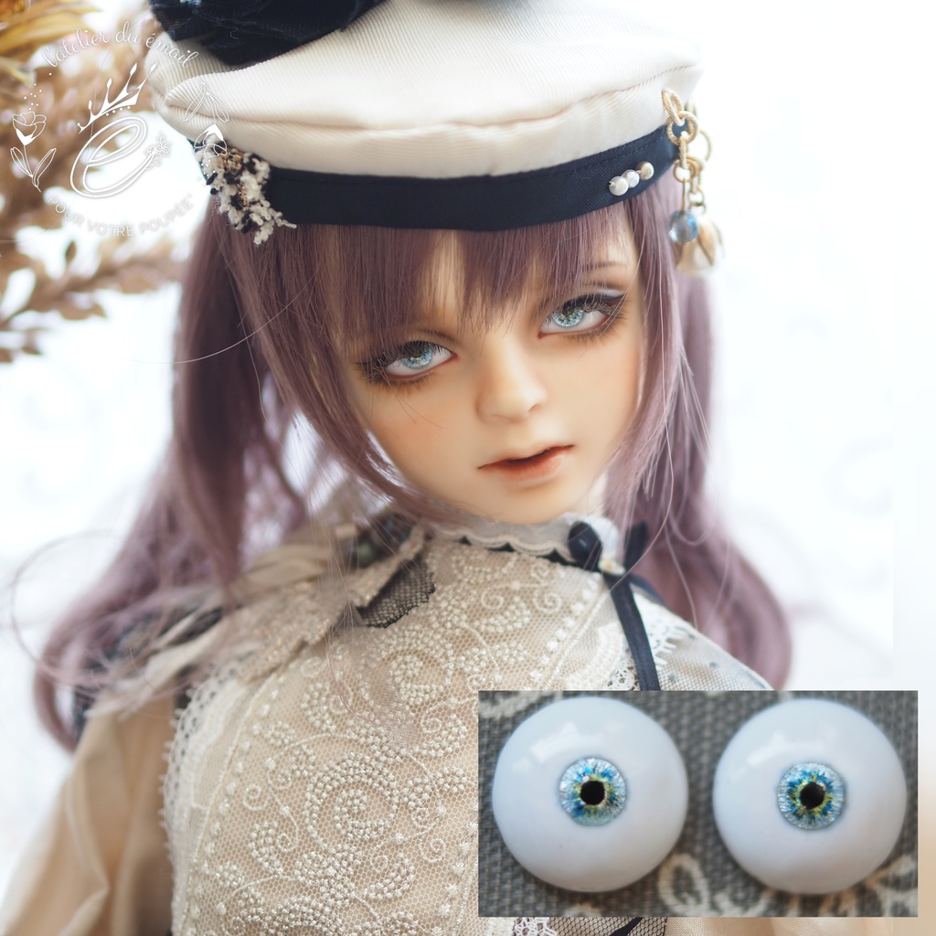 18mm/6.5mm 小虹彩イエロー×ブルー 虹彩線ありジェムタイプ 七宝グラスアイ