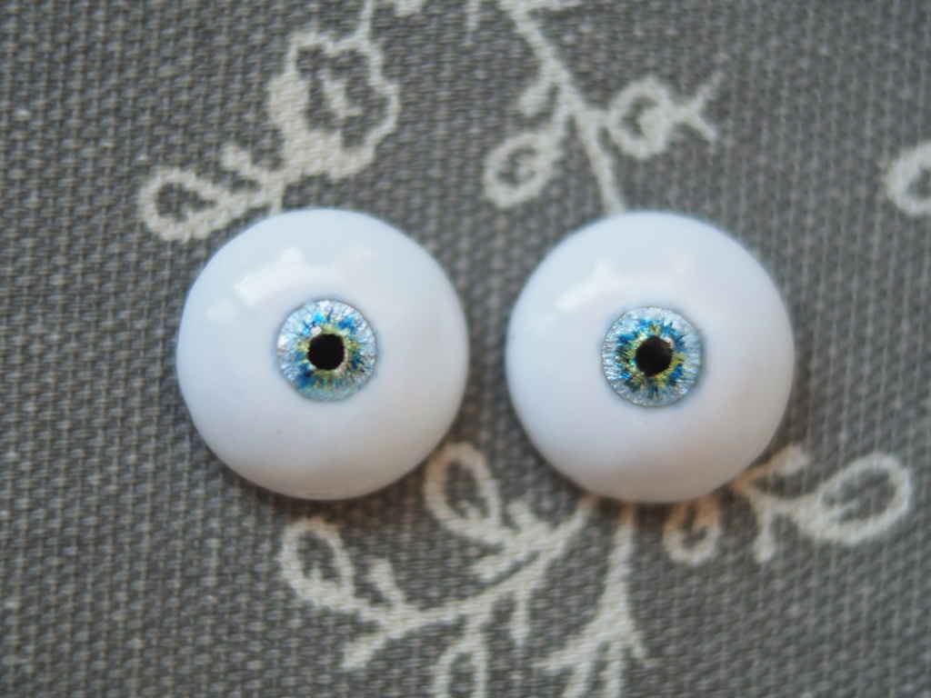 18mm/6.5mm 小虹彩イエロー×ブルー 虹彩線ありジェムタイプ 七宝グラスアイ