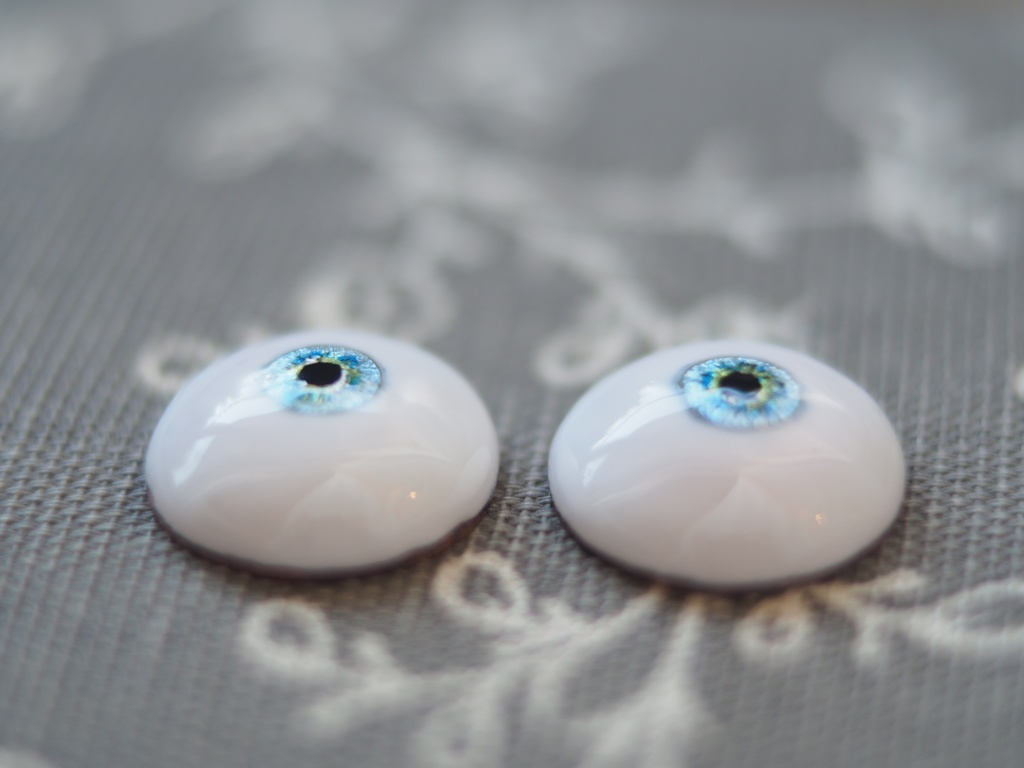 18mm/6.5mm 小虹彩イエロー×ブルー 虹彩線ありジェムタイプ 七宝グラスアイ