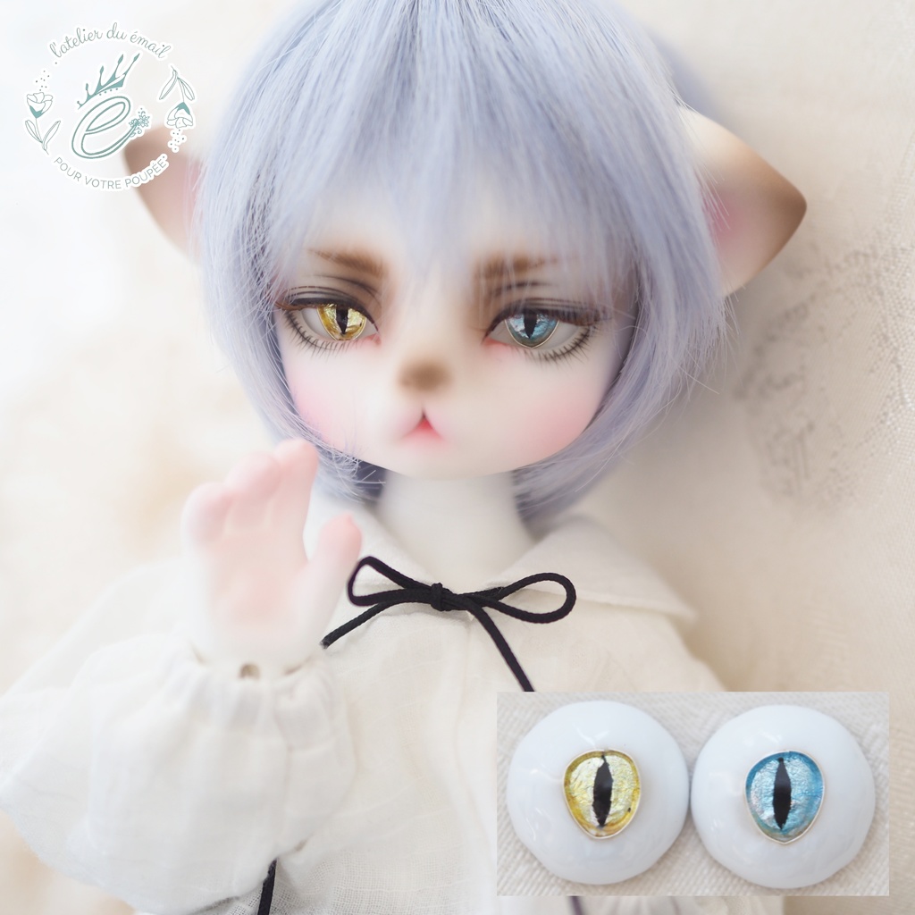 【B品】15.5mm/8-7mm 猫目イエロー×ブルーオッドアイ ジェムタイプ 七宝グラスアイ