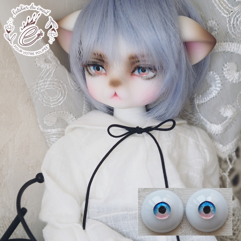 13.5mm/6mm 小虹彩ブルー&ピンク ジェムタイプ 七宝グラスアイ