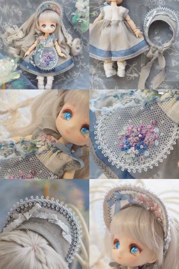 紫陽花刺繍ワンピースセット cocoriangサイズ&8mm七宝グラスアイ ピコP/オビツ11サイズ