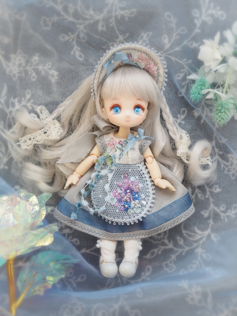 紫陽花刺繍ワンピースセット cocoriangサイズ&8mm七宝グラスアイ ピコP/オビツ11サイズ