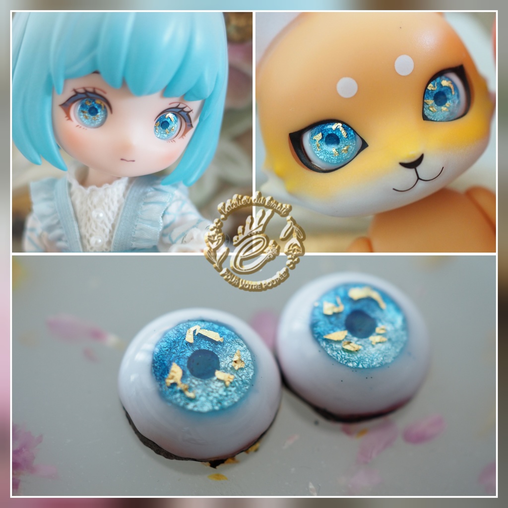 10mm/6.5mm ブルーグラデーション+金箔 水彩タイプ 七宝グラスアイ