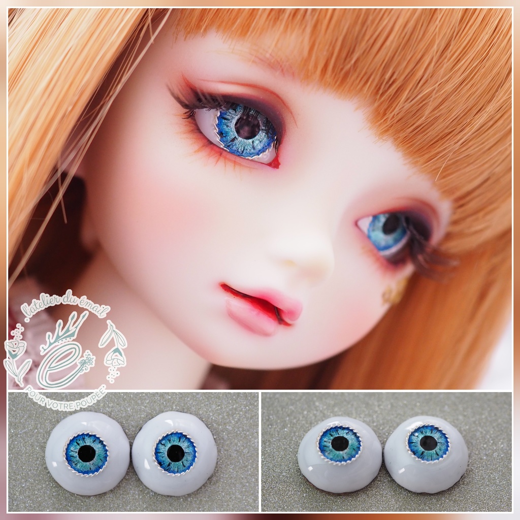 16mm/8.5mm エメラルド×ブルー 虹彩線あり より線ジェムタイプ 七宝グラスアイ