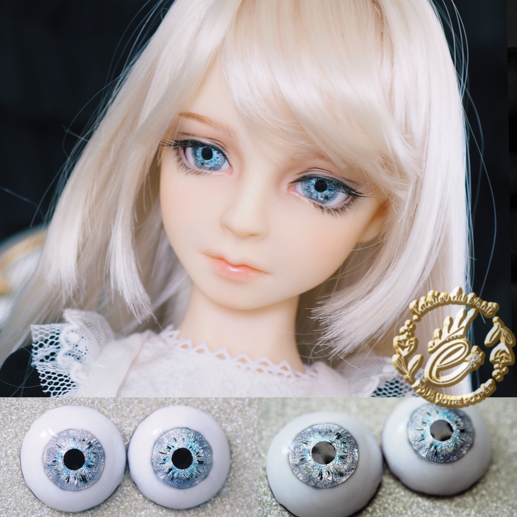 16mm/9.5mm ライトブルー×グレー 虹彩線あり 水彩タイプ 七宝グラスアイ