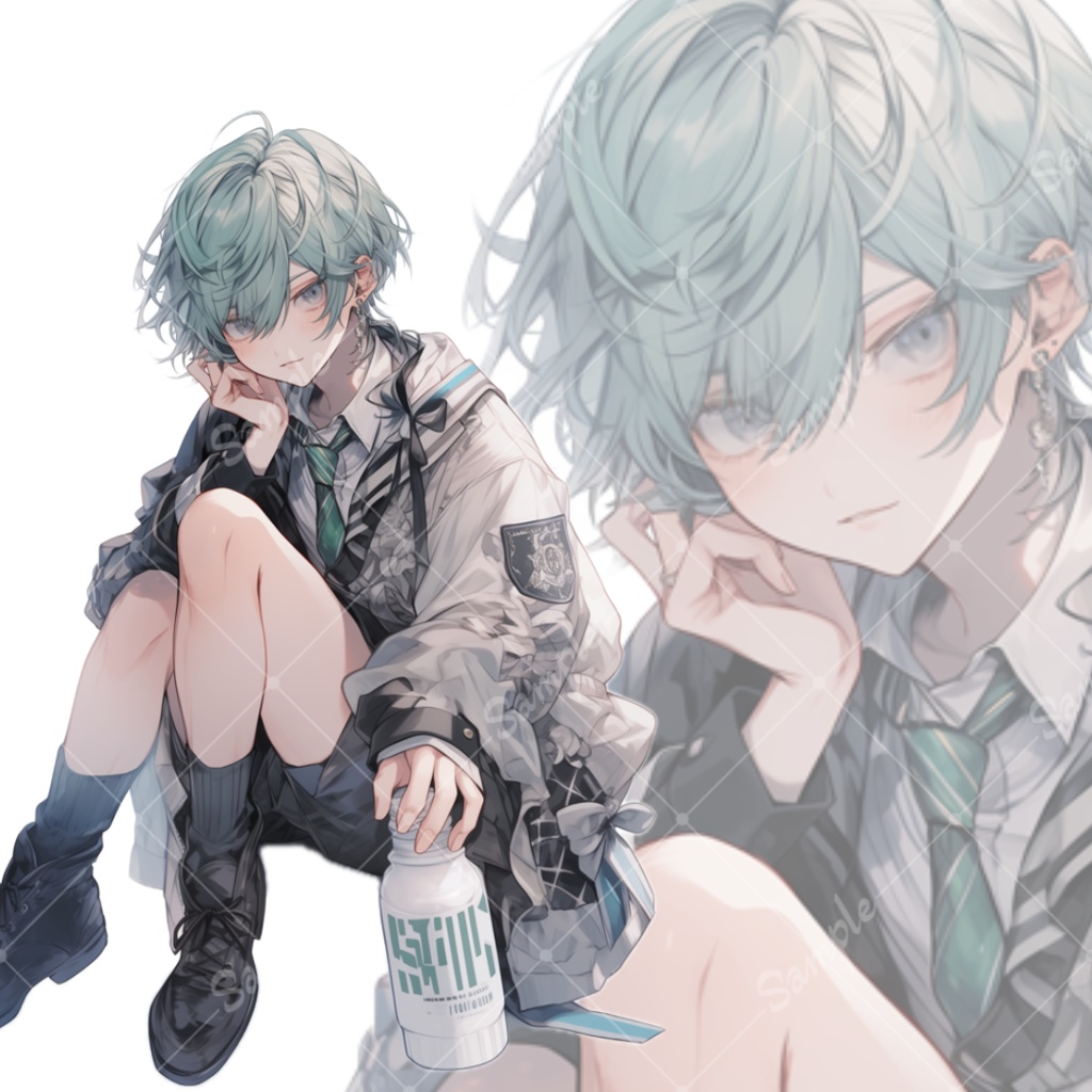 立ち絵素材91 緑髪 学生 男の子