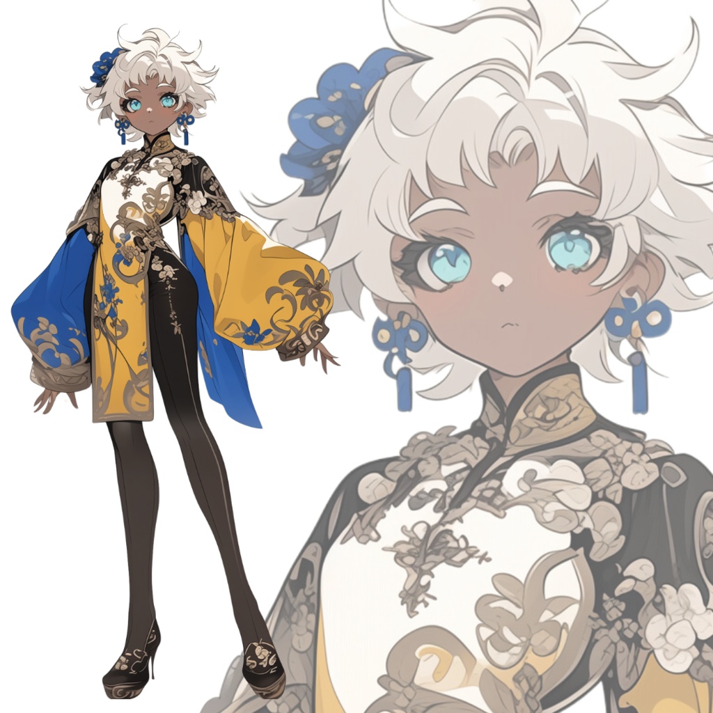 立ち絵素材190 白髪 褐色 中華服