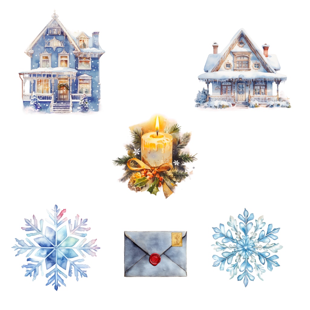 Antique Winter Watercolor Clipart|アンティークウインター クリップアート(水彩・レトロ・冬素材)