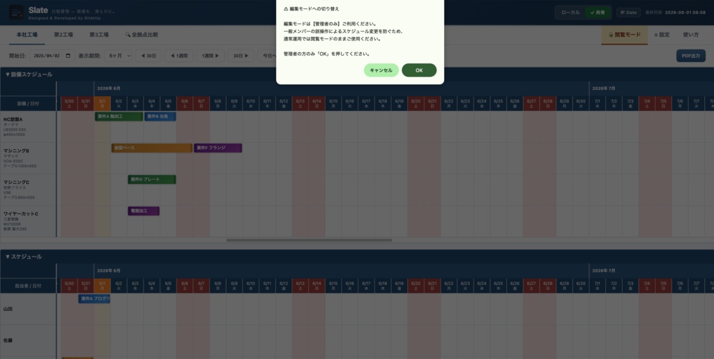 Slate — 製造業向け 日程管理アプリ(ガントチャート式・単一HTML・オフライン対応)