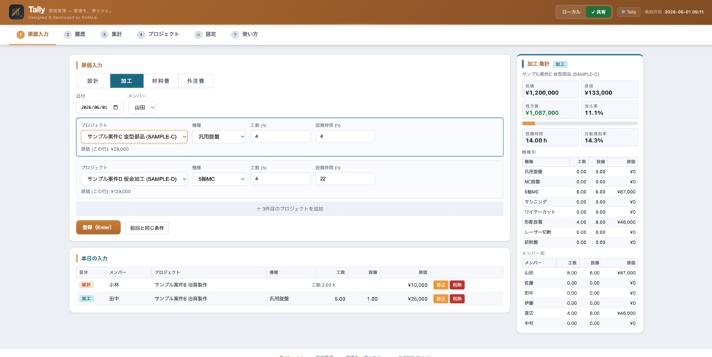 Tally — 製造業向け 原価管理アプリ(見積 vs 実績可視化・単一HTML・オフライン対応)