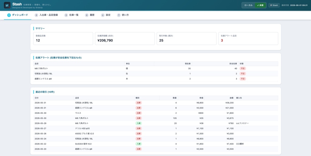 Stash — 製造業向け 在庫管理アプリ(移動加重平均単価式・単一HTML・オフライン対応)