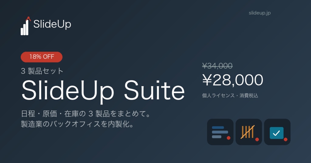 SlideUp Suite — 製造業向け 日程・原価・在庫 3 製品セット(単一HTML・オフライン対応)
