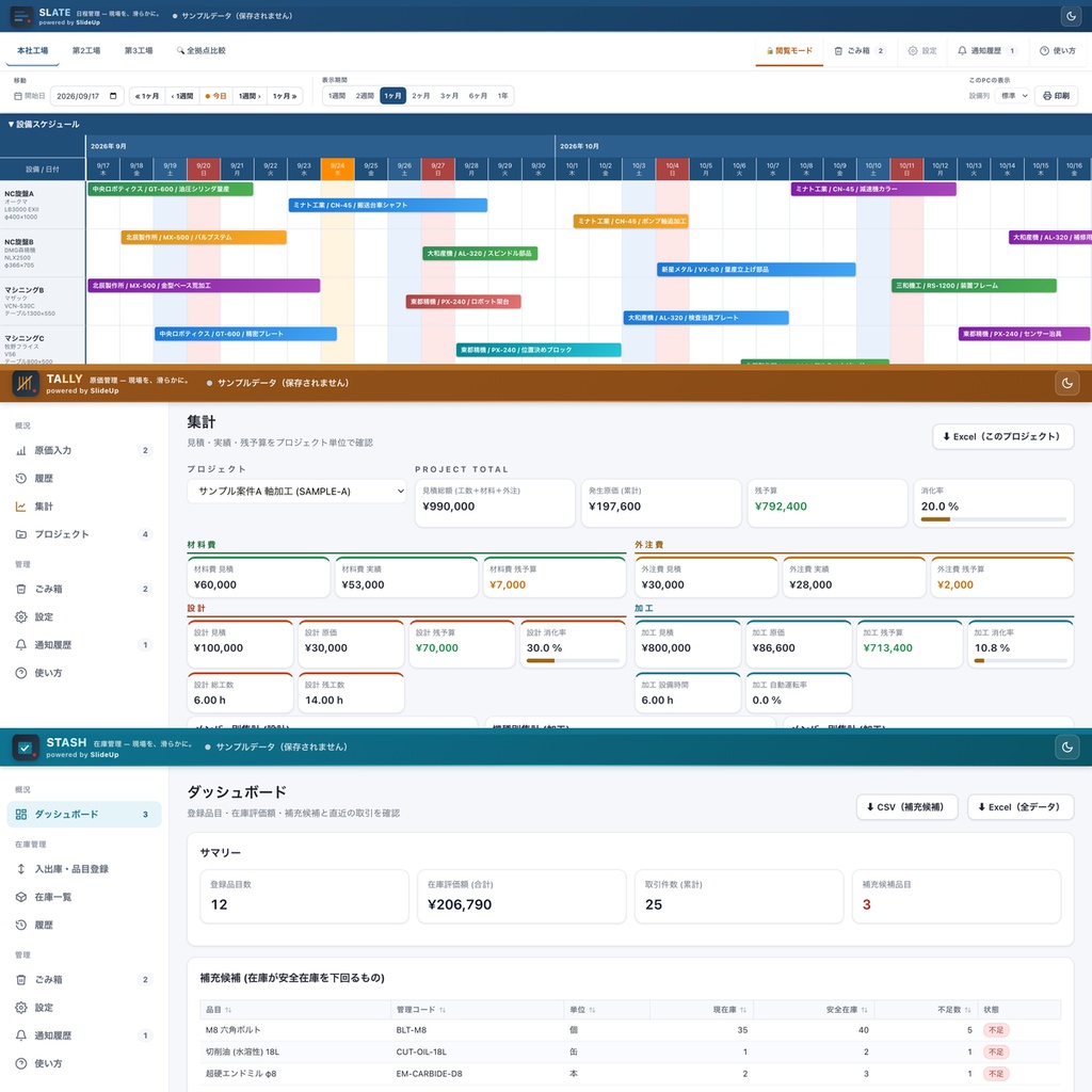 SlideUp Suite — 製造業向け 日程・原価・在庫 3 製品セット(1 名ライセンス)