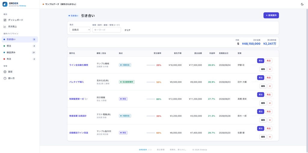 ORDER(受注管理)— 製造業向け単一HTMLアプリ|SlideUp