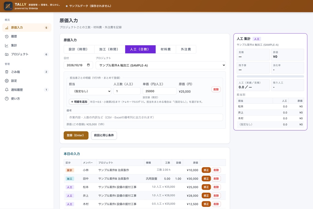 Tally — 製造業向け 原価管理アプリ(5 名ライセンス)